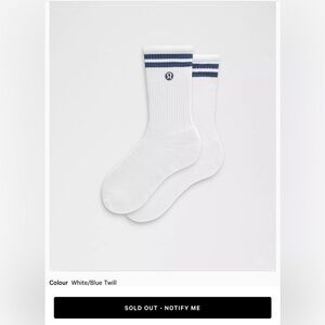 lululemon Crew Stripe Socks,White,Blue, Daily Essentials, L (9.5-12)